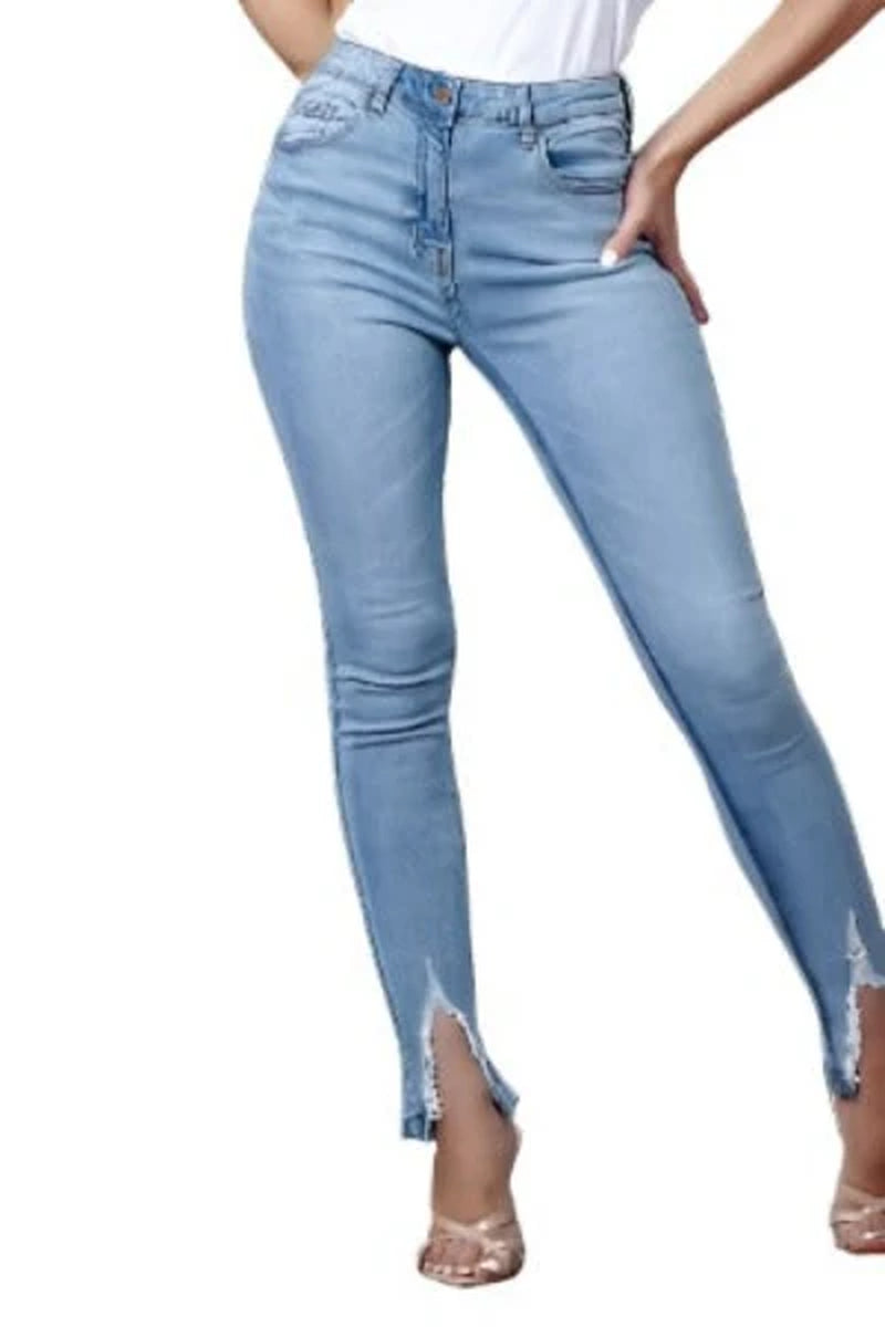 Light Blue Extreme Distressed Hem Skinny Jeans