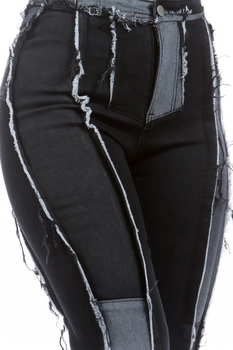 Denim Black & Gray Fringed Color-Block Boyfriend Jeans