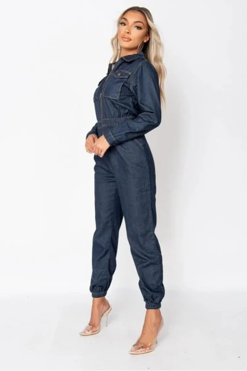 Indigo Zip Front Elasticated Hem Long Sleeve Denim Jumpsuit