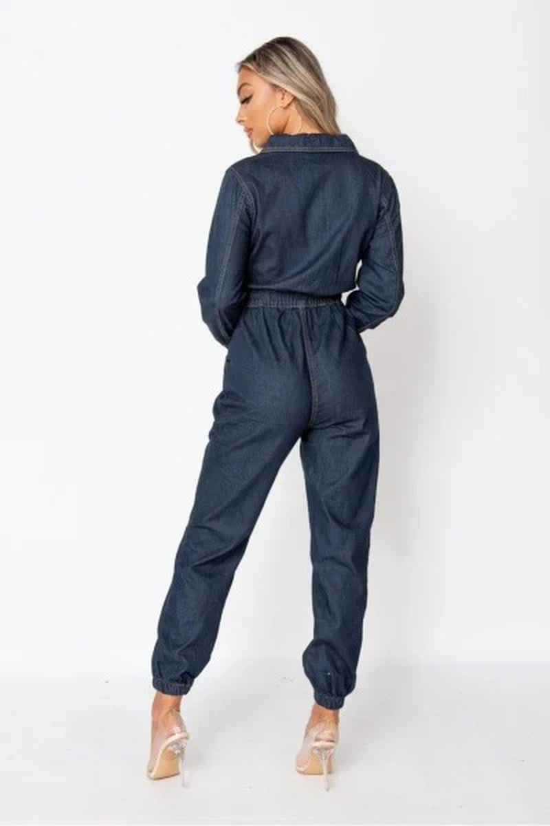 Indigo Zip Front Elasticated Hem Long Sleeve Denim Jumpsuit